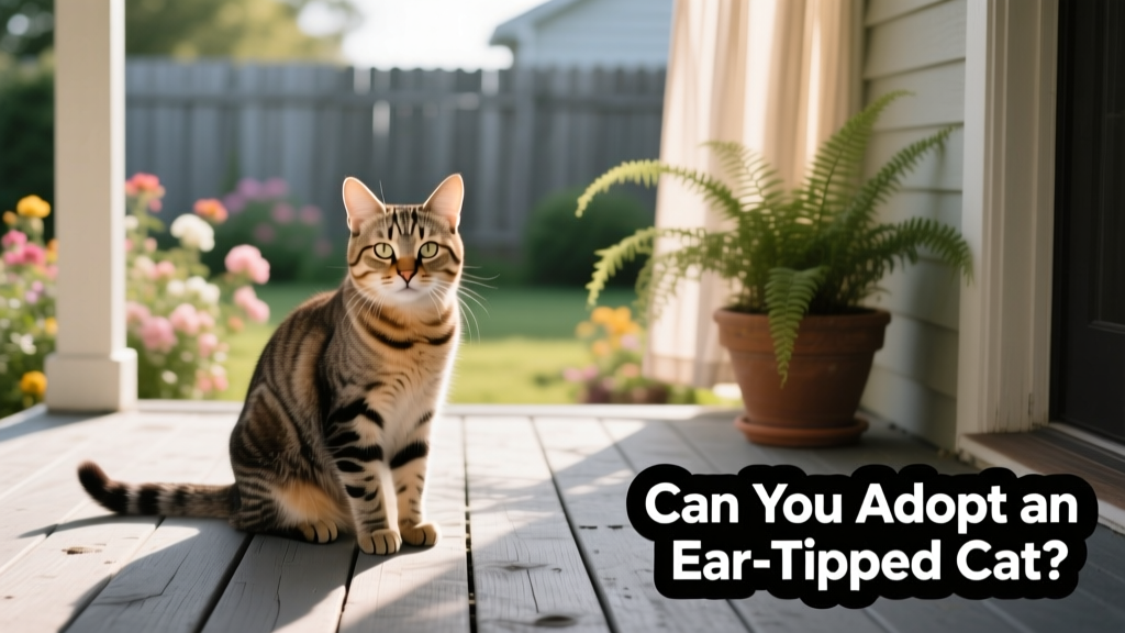 A friendly outdoor cat with a cleanly tipped left ear, sitting calmly on a sunlit porch