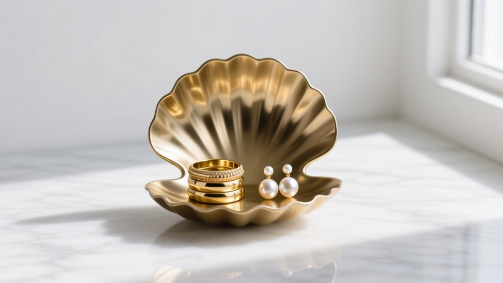Cast brass seashell jewelry holder on white marble, reflecting soft light while holding gold stacking rings and pearl earrings