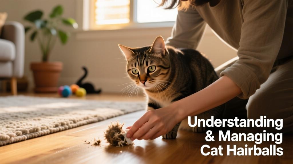 Cat watching while pet parent cleans up hairball.