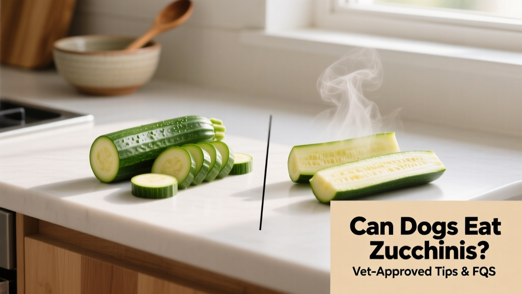 Side-by-side comparison: raw zucchini slices and lightly steamed zucchini pieces on a clean kitchen counter