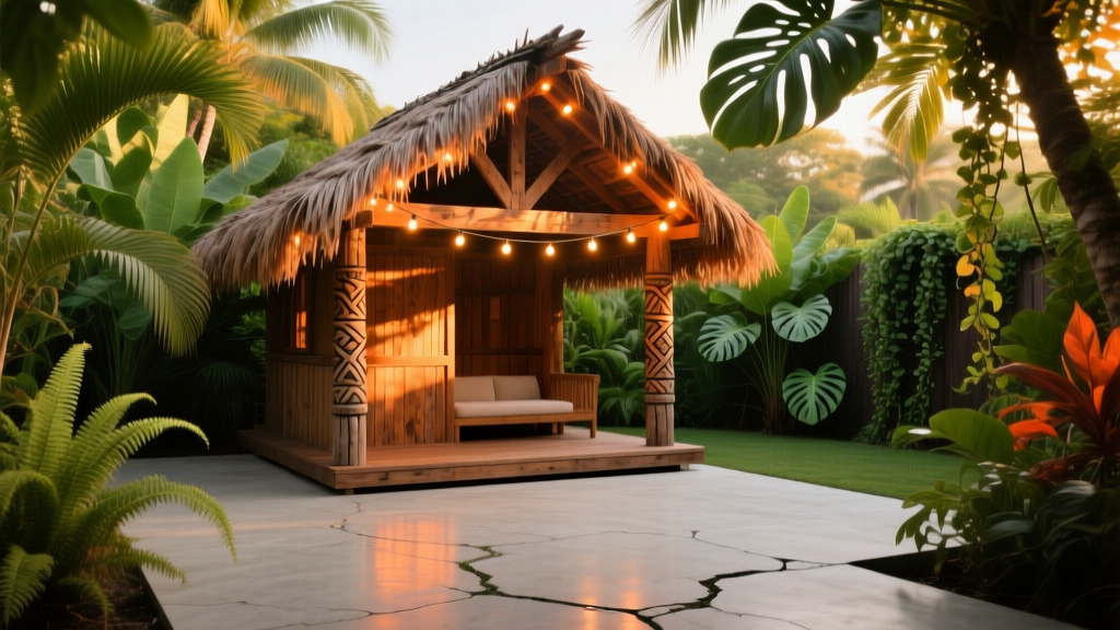 A tropical backyard featuring a wooden tiki hut with a thick synthetic palm thatch roof glowing under warm string lights.