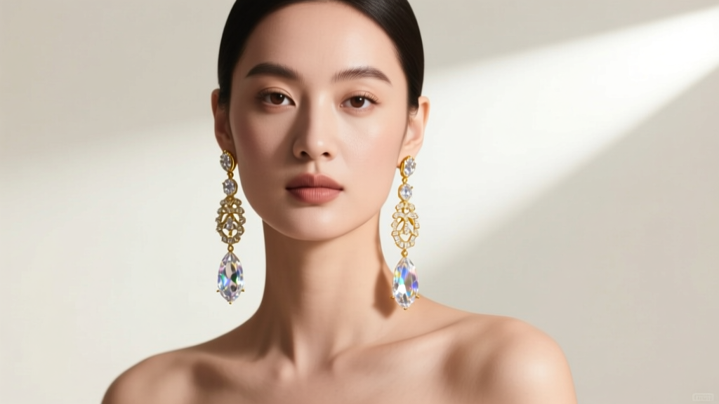Elegant model wearing long cascading crystal drop earrings with 14k gold settings, studio lighting highlighting prismatic facets.