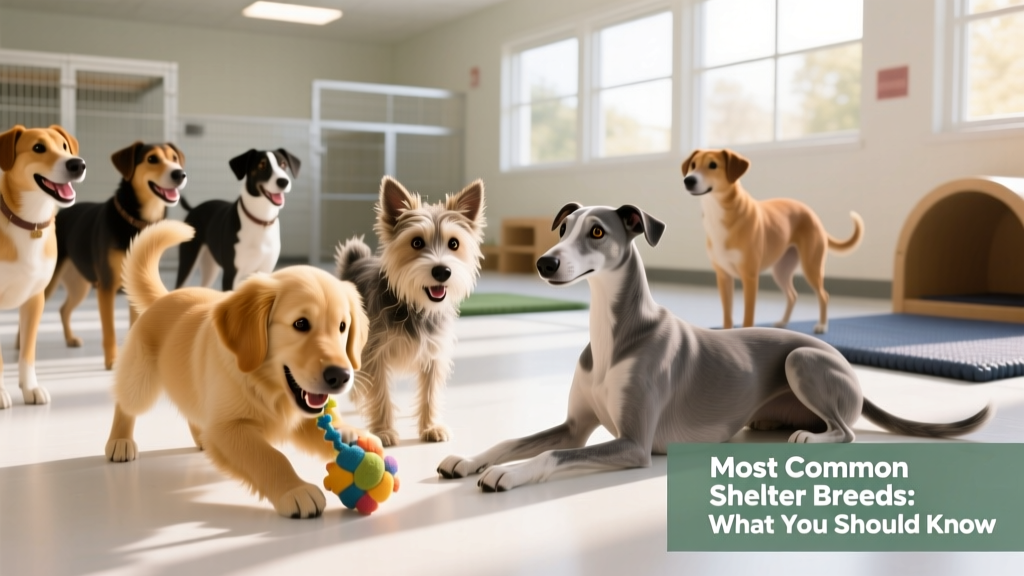 A diverse group of adoptable dogs—some purebred, some mixed—in a clean, sunlit shelter play area