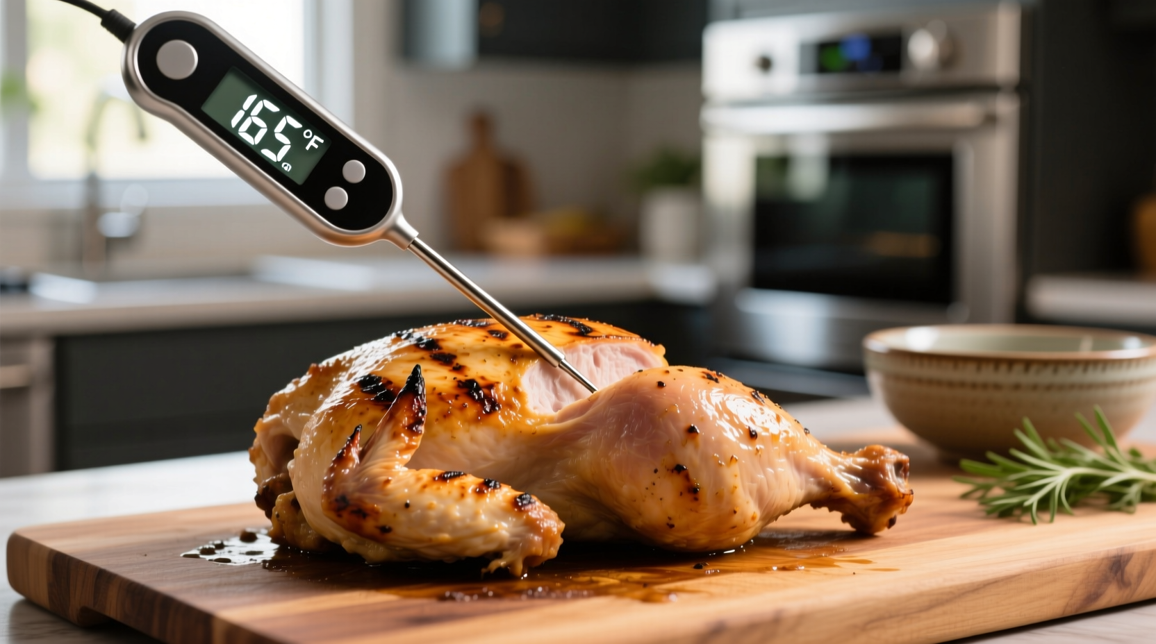 Food thermometer checking chicken breast temperature