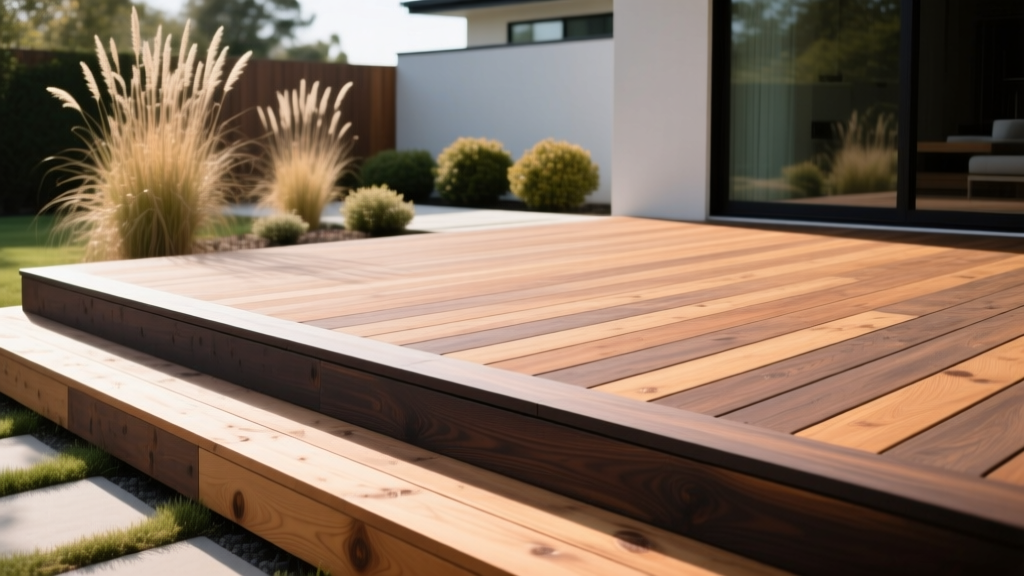 Modern backyard deck featuring a direct visual transition from weathered pressure-treated pine to dark oak capped composite decking boards