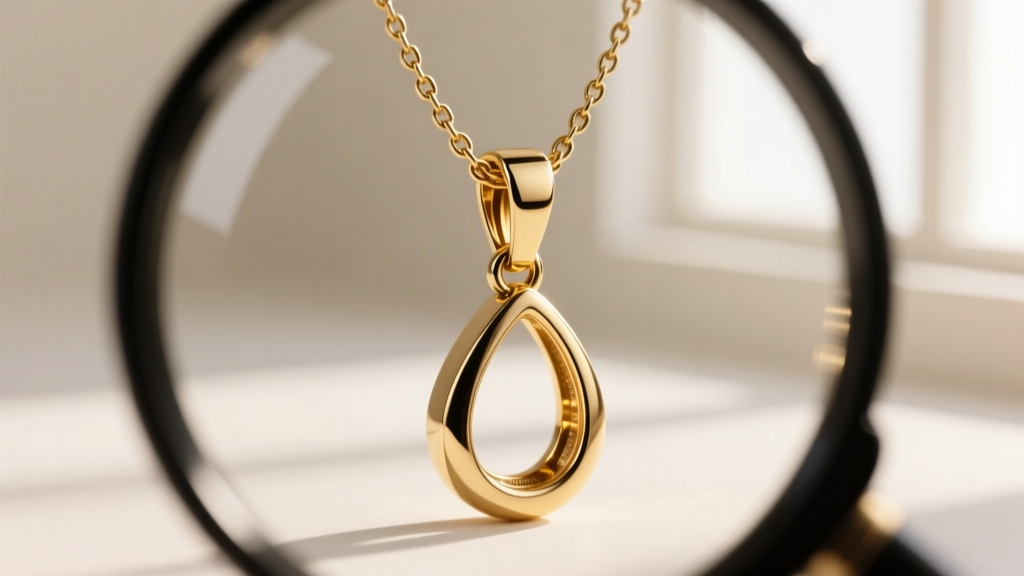 Loupe view of a reinforced hidden bail on a 14k gold drop necklace, showing the solder joint connecting pendant to chain.