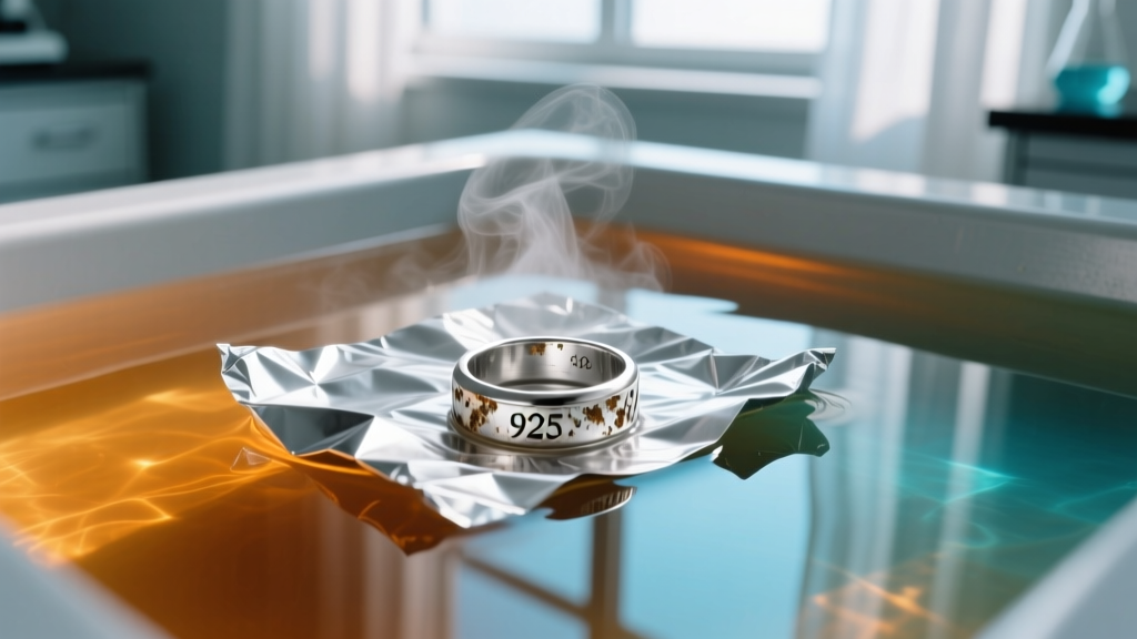 Overhead view of an electrolytic cleaning bath with aluminum foil and an oxidized 925 silver ring submerged in steaming hot water.
