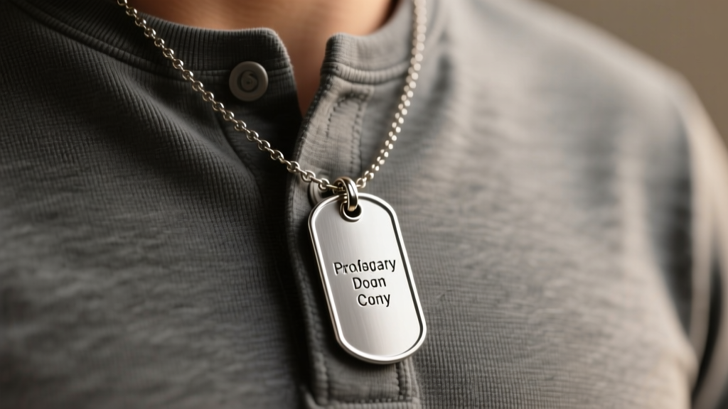 Brushed steel military dog tag necklace on a charcoal henley, soft studio lighting highlighting the deeply engraved custom text.