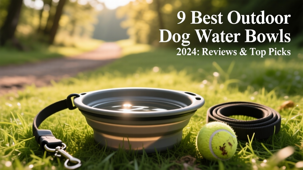 A durable, collapsible outdoor dog water bowl placed on grass beside a leash and tennis ball
