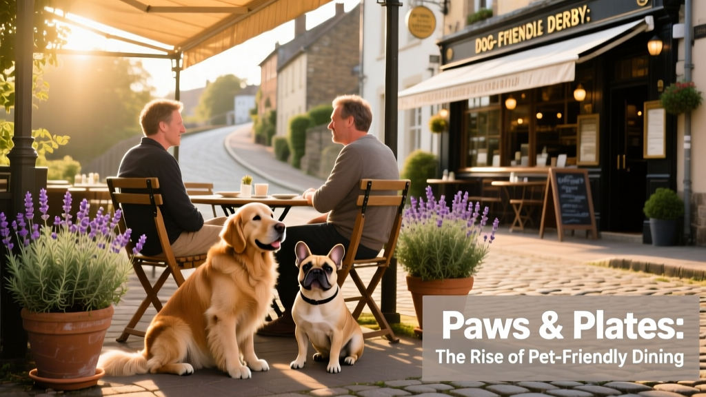 A sunny outdoor café terrace with dogs resting beside their owners’ chairs and potted plants nearby