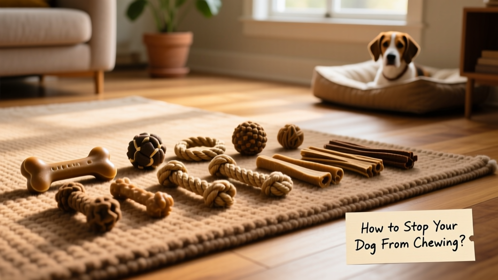 A variety of safe, textured dog chews and toys arranged neatly on a rug