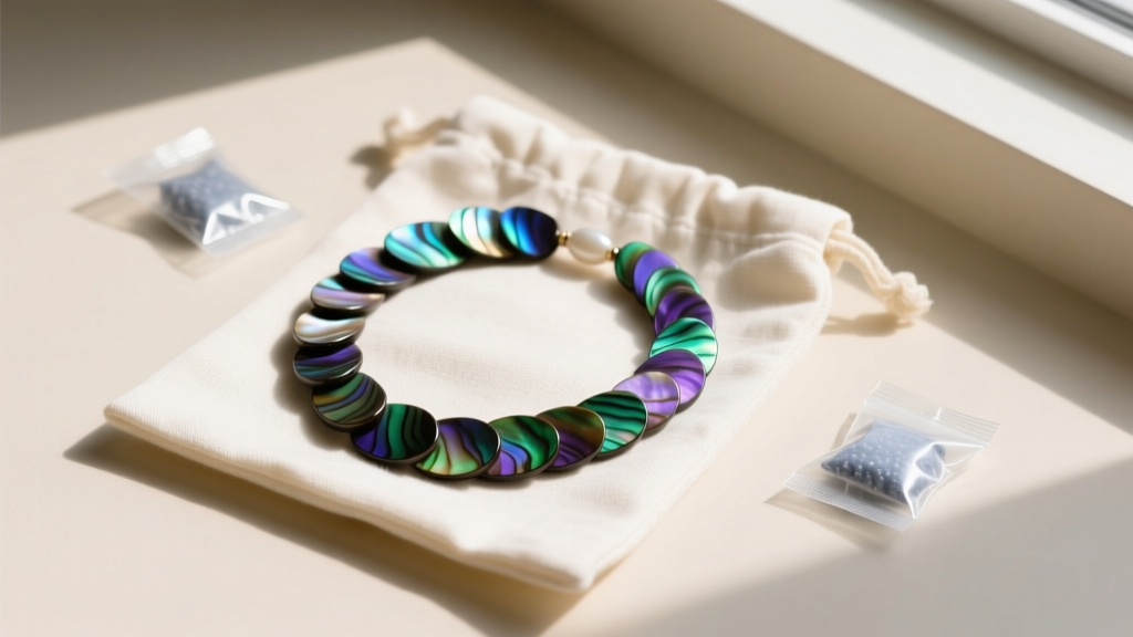Neatly coiled abalone heishi shell necklace stored inside a breathable cotton jewelry pouch next to silica gel packets.