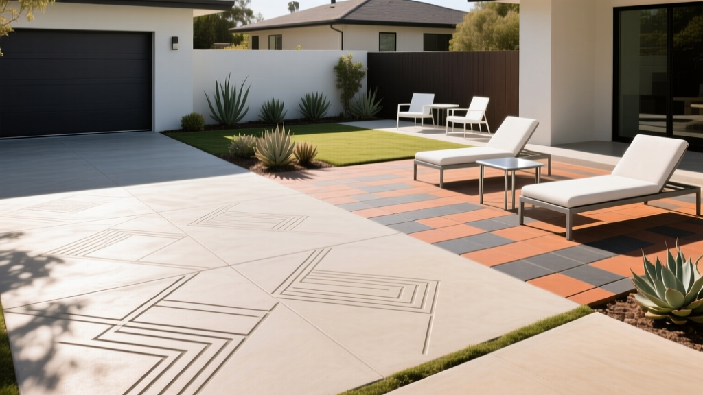 Stamped concrete driveway adjacent to an interlocking paver patio under bright sunlight in a modern suburban backyard landscape.
