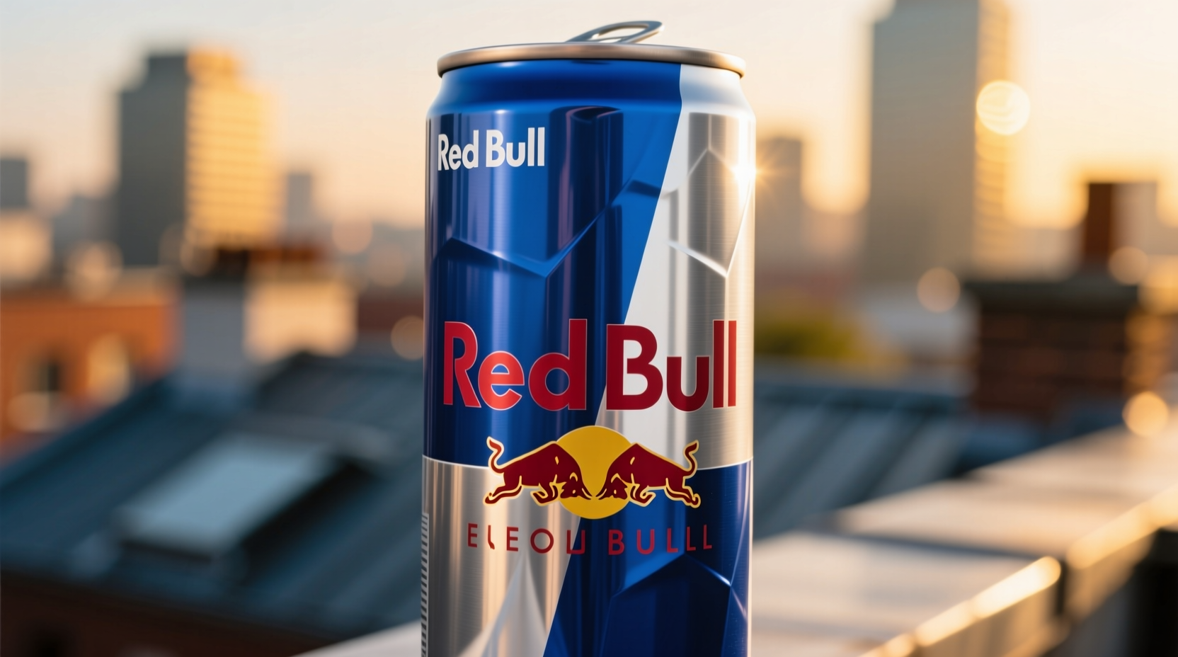 Close-up of Original Red Bull can showing its distinctive blue-silver design