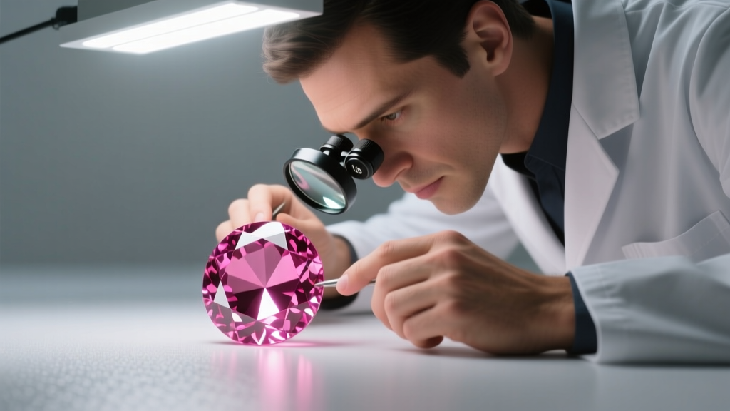 Jeweler using a 10x loupe to inspect liquid inclusions inside a pink rubellite tourmaline gemstone under bright LED light.