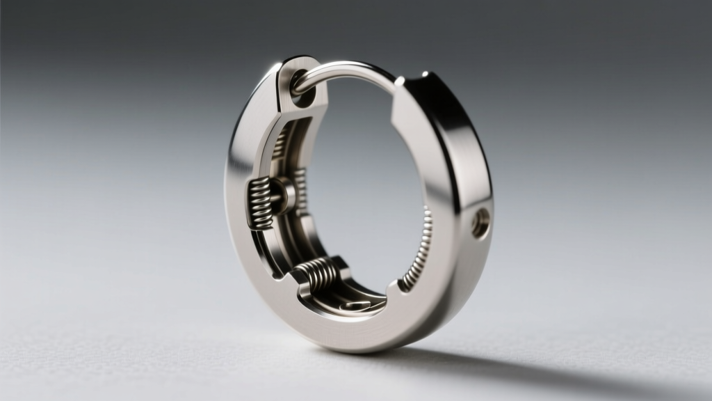 Close-up of a hidden click-shut hinge on a 16-gauge steel 50mm hoop earring, revealing the internal locking pin mechanism.