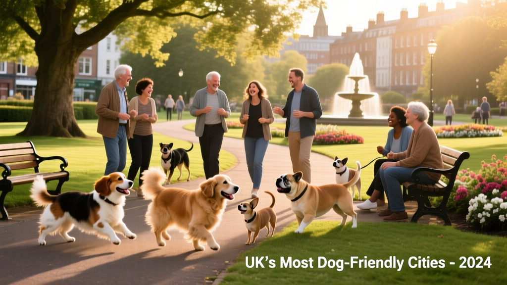 A diverse group of dogs and their owners enjoying a lively community dog meet-up in a leafy city park