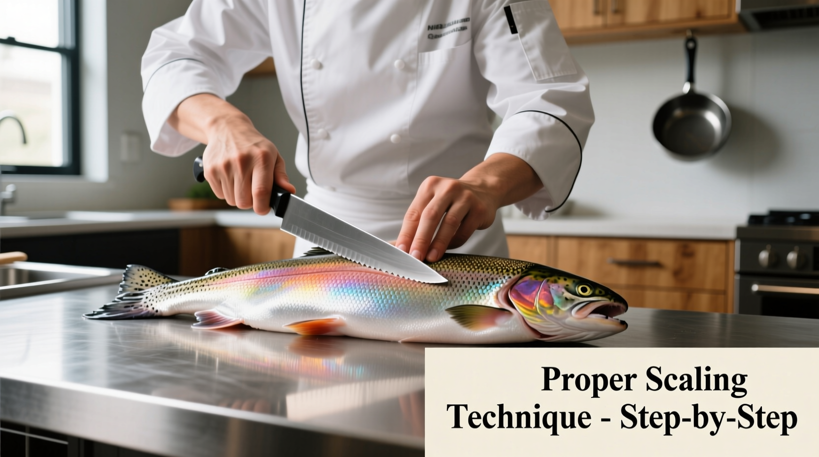 Chef demonstrating proper rainbow trout scaling technique