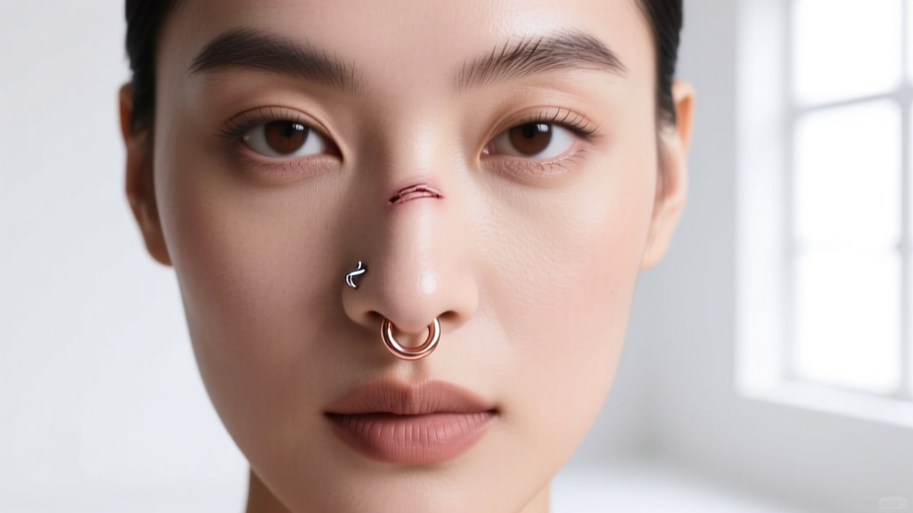 Front-facing portrait highlighting a healed nostril piercing adorned with a 16-gauge seamless rose gold hoop ring fitting snugly.