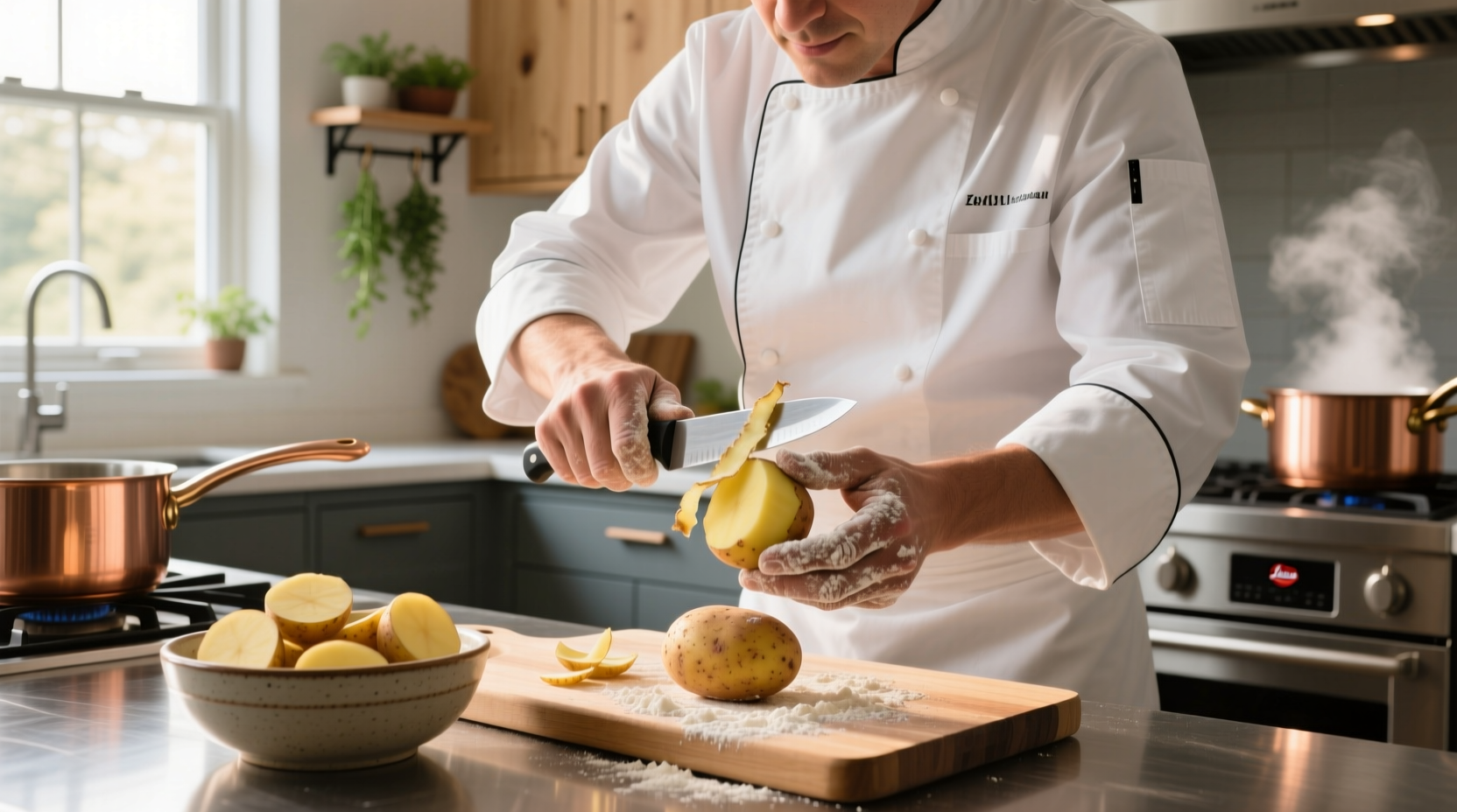 Chef preparing potatoes in kitchen