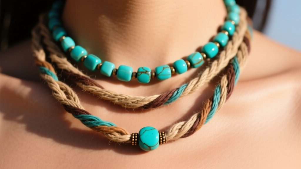 Close-up of dyed hemp necklaces with turquoise beads on skin, showing the soft drape and fibrous texture of the cord in daylight.
