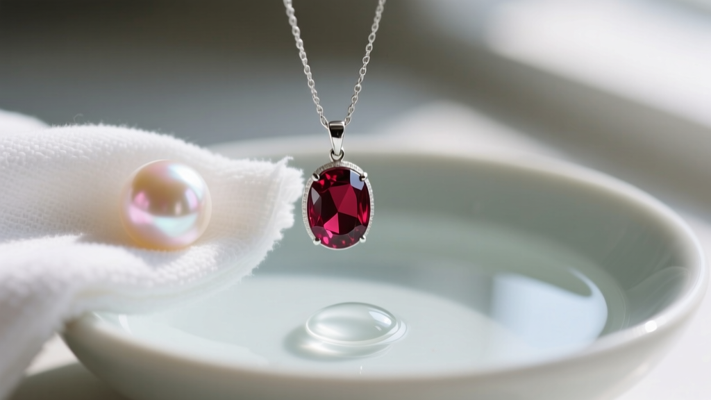 Soft cloth wiping a pearl and garnet pendant, with a bowl of distilled water and soap visible in the softly blurred background