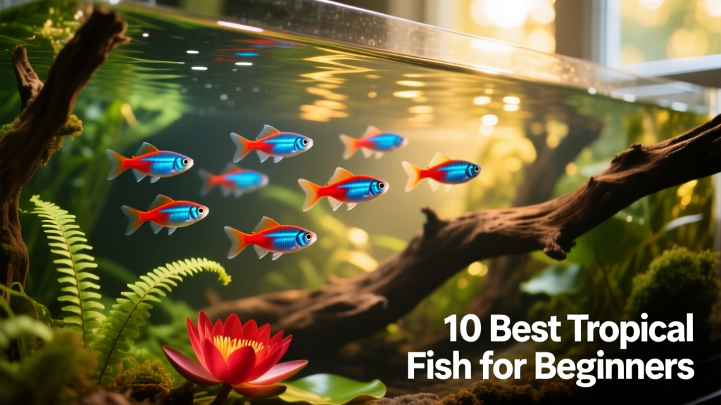 A school of neon tetras gliding gracefully through a planted aquarium with soft lighting and driftwood