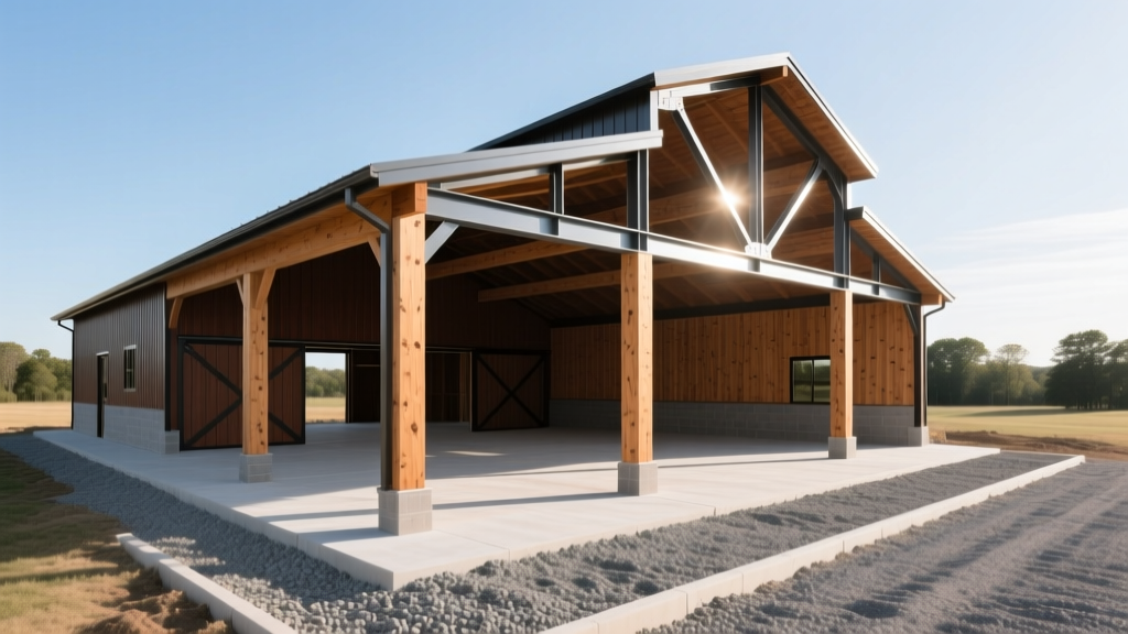 Wide-angle view of a newly framed 40x60 pole barn with laminated wooden columns and steel trusses set on a compacted gravel pad