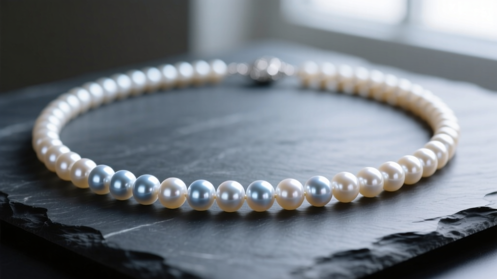 A close-up of a classic 16-inch princess length Akoya pearl necklace resting on a dark slate surface, highlighting sharp luster