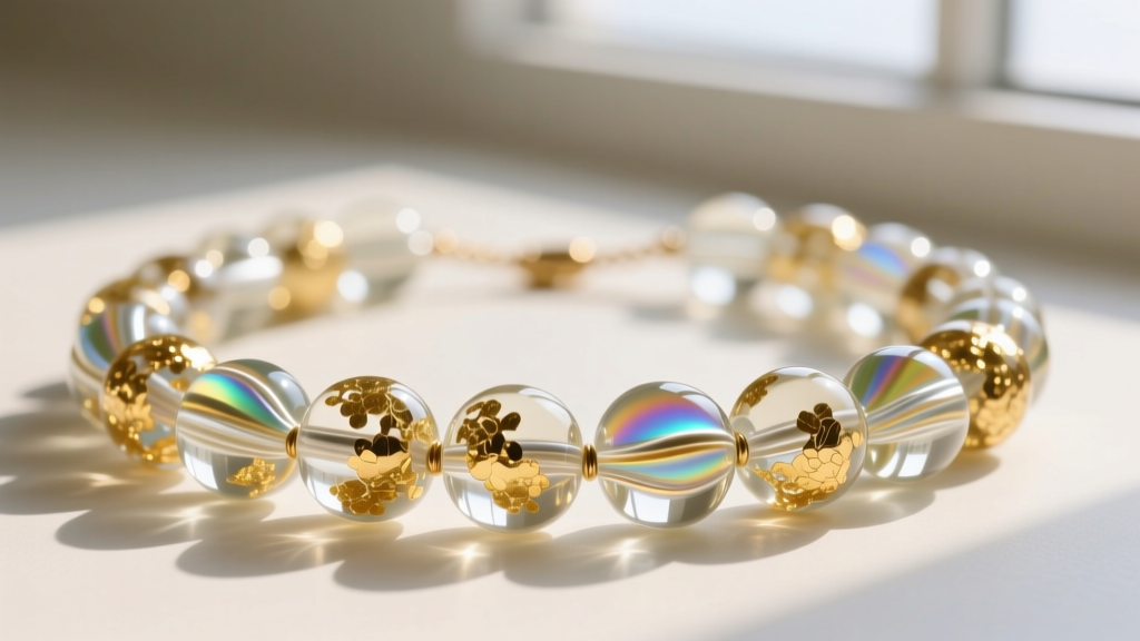 Macro shot of a lampwork glass candy bead necklace with gold foil inclusions, showcasing high refractive index and a glossy finish