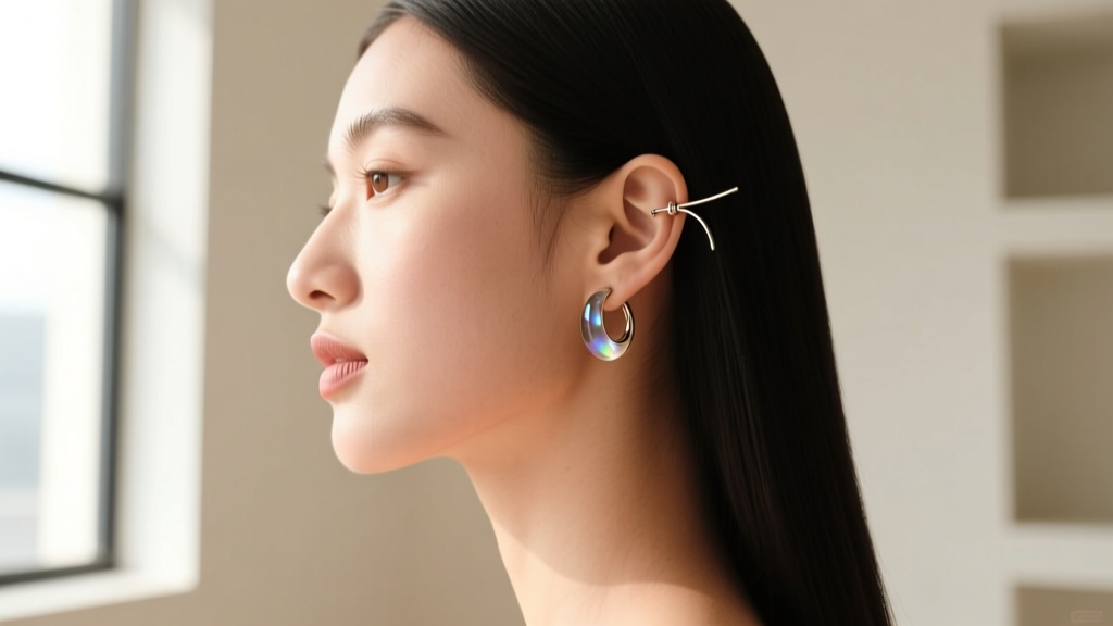 Side profile of a woman wearing a curated ear stack with small smoky quartz huggie hoops and a delicate cartilage threader.