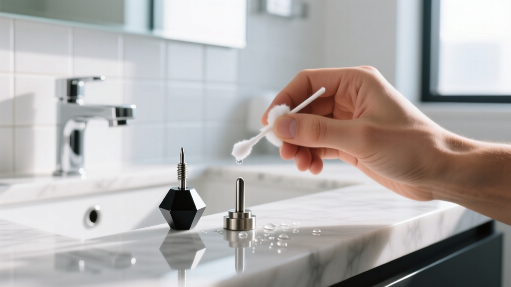 Hands spraying sterile saline onto two separate industrial piercing studs with a cotton swab in a bright, clean bathroom setting.