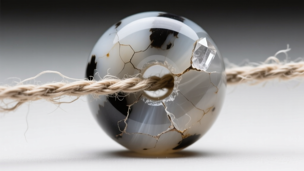 Close-up of frayed nylon thread pulling through a Dalmatian jasper bead hole, showing severe abrasion from sharp quartz edges.