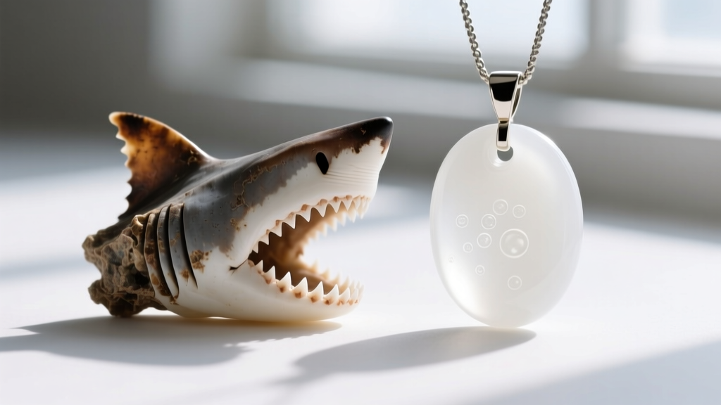 Macro view comparing sharp serrated edges of a real fossil shark tooth to the smooth molded edge of a white resin replica pendant.