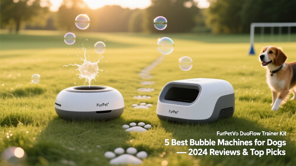 Side-by-side view of the FurPetVo DuoFlow Trainer Kit units on a grassy training field, with bubbles drifting gently in the air