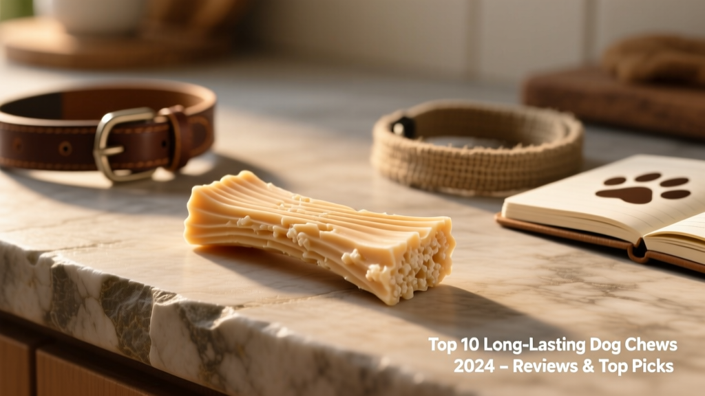 A light-tan Himalayan cheese chew resting on a stone countertop, showing visible striations and firm texture