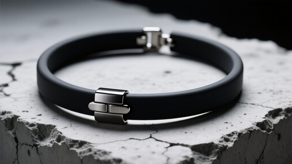 Close-up of a black silicone O-ring choker necklace on raw concrete, highlighting its matte texture and dark metal clasp under moody studio lighting.