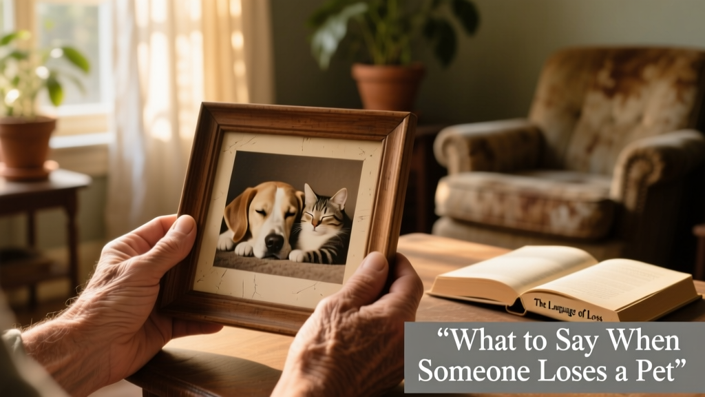 A gentle close-up of hands holding a framed photo of a beloved dog and cat together, with soft natural light