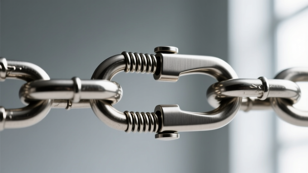 Macro shot of a 12mm steel lobster clasp on a thick chain, showing the locking lever and soldered jump ring connection.