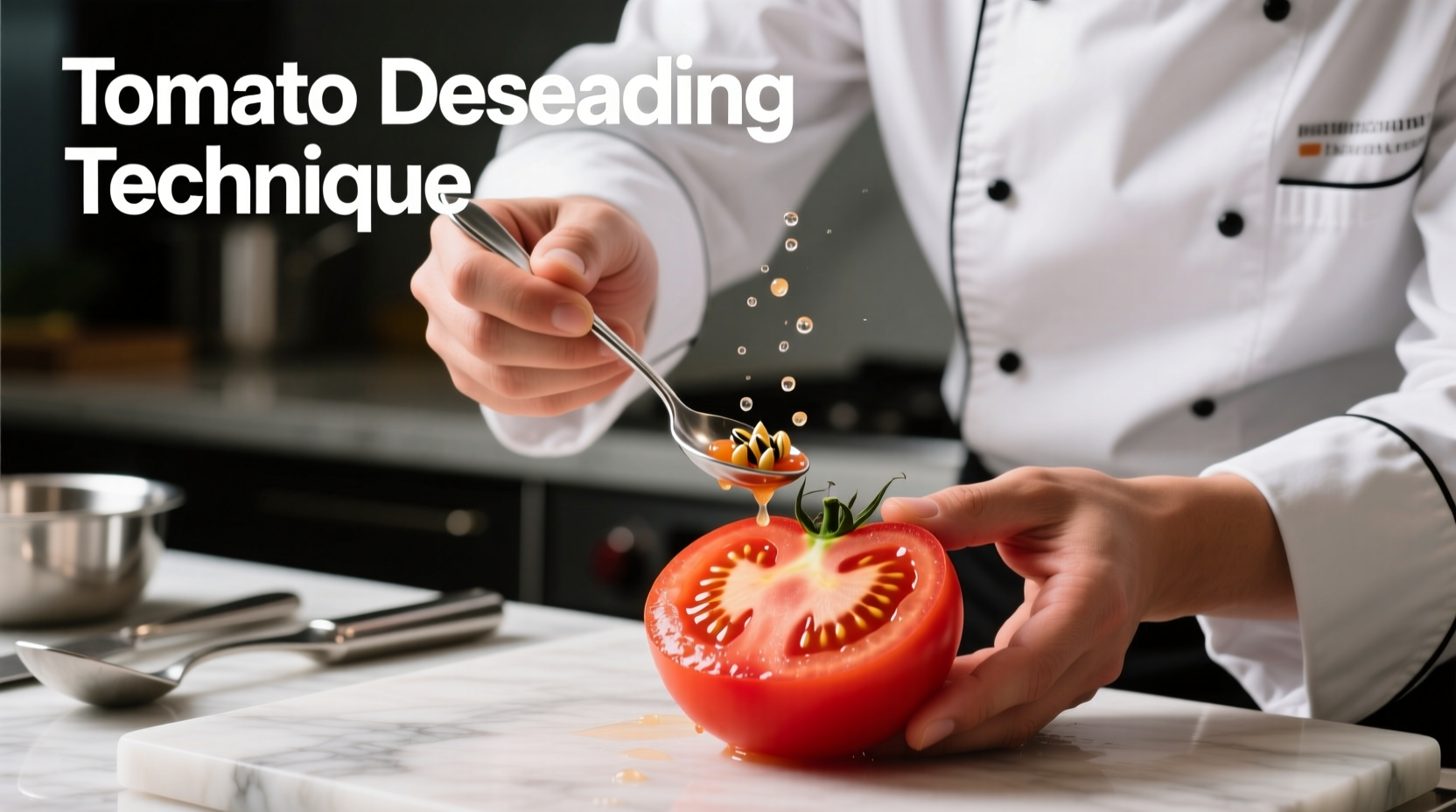 Chef demonstrating tomato deseeding technique with spoon