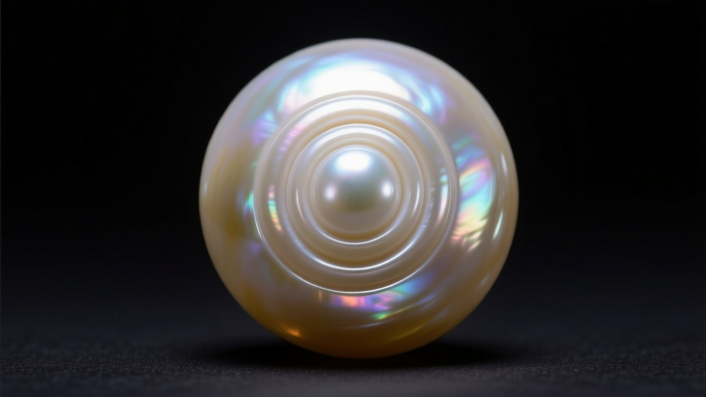 Macro photography of a natural saltwater pearl showing subtle concentric growth rings and high luster against a dark background.