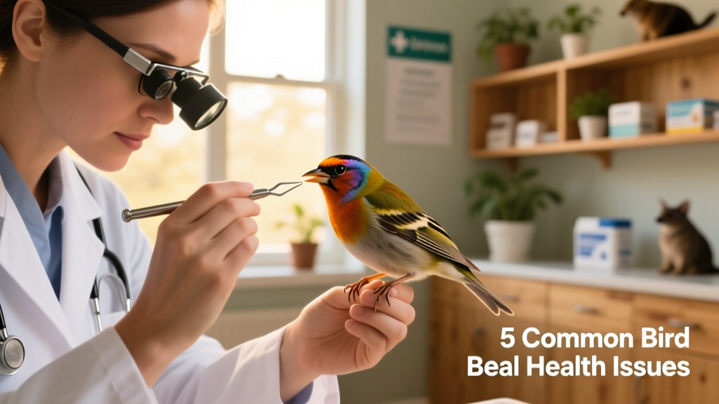 Veterinarian gently examining a bird's beak using magnification and sterile tools