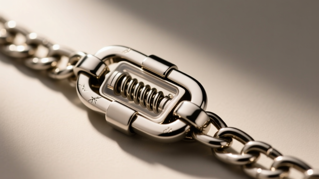 Close-up of a polished steel lobster clasp on a thick curb necklace chain, highlighting the tiny internal spring mechanism inside it.