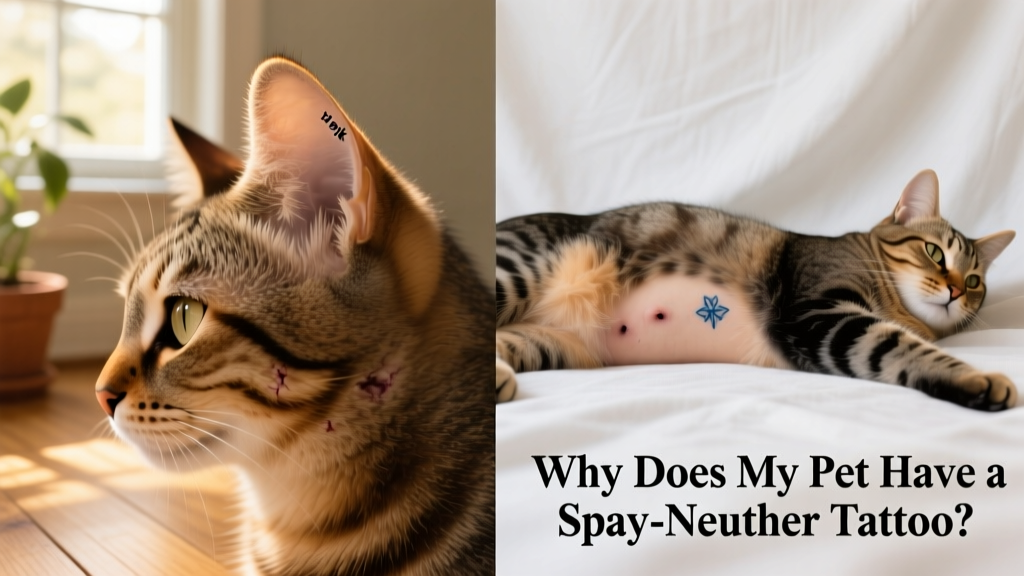 Side-by-side comparison showing a spay tattoo on abdomen and an ear-tipping mark on a feral cat