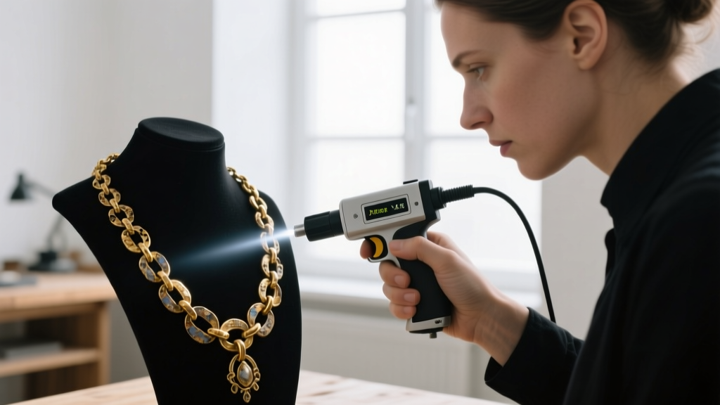 Jeweler using an XRF analyzer gun to test the metal composition of a suspicious, heavily worn vintage gold-plated chain necklace.