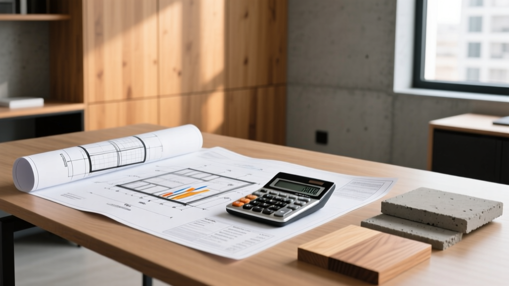 Blueprints and financial calculators on a desk with concrete and wood samples for a mid-rise apartment construction project