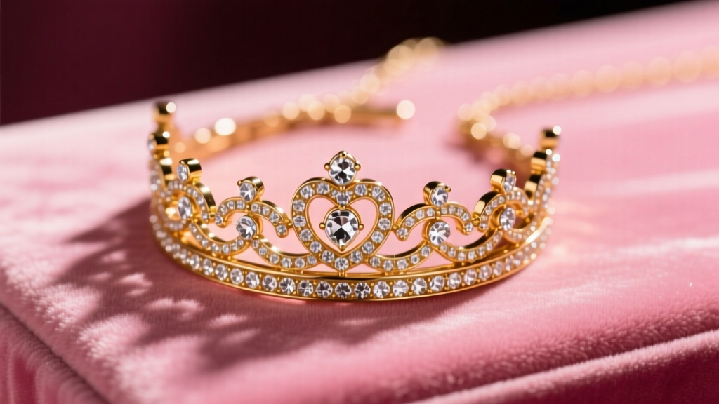 Vintage gold-tone Juicy Couture crown necklace with pavé rhinestones resting on pink velvet under soft, diffused studio lighting.