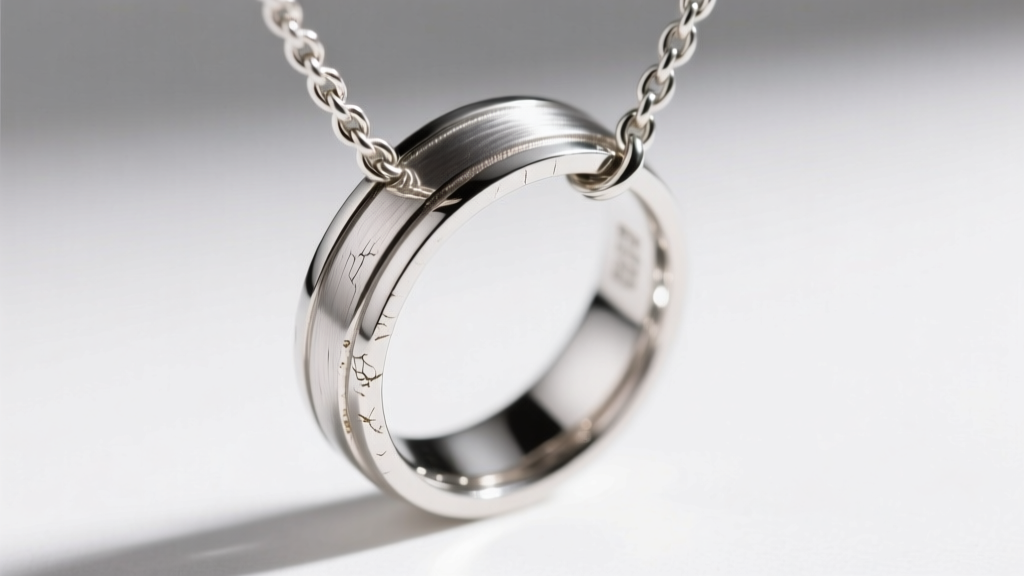 Macro shot of a platinum wedding band on a sterling silver rope chain, highlighting metal friction and surface wear patterns