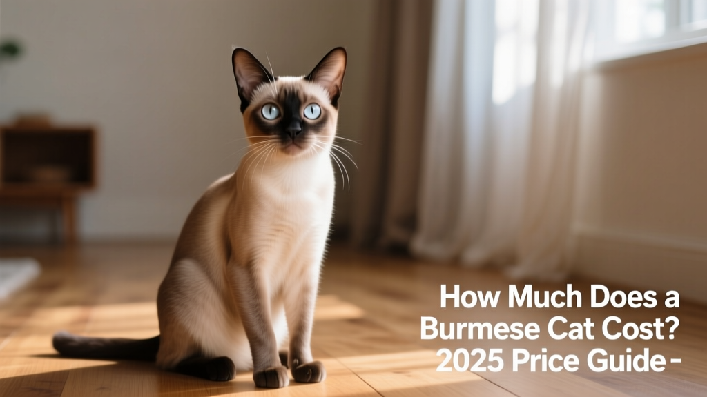 A relaxed Burmese cat sitting upright, gazing directly at the camera with expressive eyes and sleek short coat