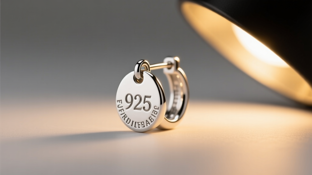 Close-up of a 925 sterling silver hallmark stamped on the back of a small hoop earring clasp, illuminated by a warm desk lamp